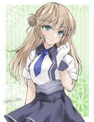 Rule 34 | 1girl, blue eyes, blue necktie, blue skirt, braid, commentary request, gakky, gloves, hair bun, kantai collection, light brown hair, long hair, looking at viewer, necktie, one-hour drawing challenge, ranger (kancolle), shirt, side braids, single side bun, skirt, smile, solo, white gloves, white shirt