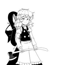 Rule 34 | 1girl, apron, axe, bow, buttons, closed mouth, commentary, english commentary, giantcavemushroom, greyscale, hat, hat bow, high contrast, highres, holding, holding axe, juliet sleeves, kirisame marisa, long sleeves, looking at viewer, medium hair, monochrome, puffy sleeves, simple background, smile, solo, standing, touhou, witch hat