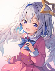 Rule 34 | 1girl, :d, absurdres, amane kanata, angel wings, blue bow, blue hair, blush, bow, collared shirt, commentary request, feathered wings, gradient background, grey hair, hanen (borry), highres, hololive, long sleeves, looking at viewer, multicolored hair, open mouth, pink background, pink shirt, pink skirt, pleated skirt, puffy long sleeves, puffy sleeves, purple eyes, shirt, single hair intake, skirt, smile, solo, two-tone hair, virtual youtuber, white background, white wings, wings