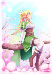 Rule 34 | 1girl, blonde hair, blush, boots, braid, breasts, brown footwear, cherry blossoms, choker, day, fairy, fairy wings, from side, green eyes, green wings, hair between eyes, hair ornament, highres, ken-ji, knee boots, large breasts, leafa, long hair, long pointy ears, long sleeves, looking up, outdoors, over-kneehighs, pointy ears, ponytail, profile, puffy short sleeves, puffy sleeves, short sleeves, sitting, sitting on branch, smile, solo, sword art online, thighhighs, transparent wings, twin braids, very long hair, white choker, white thighhighs, wings