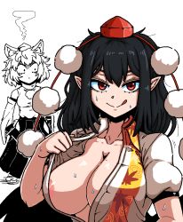 Rule 34 | 2girls, :q, animal ears, areola slip, bare arms, black hair, breasts, cleavage, clothes lift, collarbone, collared shirt, detached sleeves, flashing, formicid, hand up, hat, holding, holding shield, holding sword, holding weapon, inubashiri momiji, jaggy lines, large breasts, licking lips, looking at another, looking at viewer, medium hair, mole, mole on breast, multiple girls, no bra, pointy ears, pom pom (clothes), puffy short sleeves, puffy sleeves, red eyes, seductive smile, shameimaru aya, shield, shiny skin, shirt, short sleeves, sidelocks, smile, split mouth, standing, sweat, sword, tail, tokin hat, tongue, tongue out, touhou, weapon, wide-eyed, wide sleeves, wolf ears, wolf tail