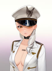 Rule 34 | 1girl, banned artist, barcode, barcode tattoo, breasts, choker, cleavage, epaulettes, hat, large breasts, looking at viewer, military, military hat, military uniform, open mouth, original, profile, solo, tattoo, uniform, upper body, white background, white hair, yellow eyes, zumi (zumidraws)