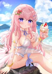 Rule 34 | 1girl, beach, bell, blue eyes, blue sky, blush, bracelet, breasts, cleavage, cloud, collarbone, covered erect nipples, drink, flower, food, hair between eyes, hair flower, hair ornament, hair ribbon, halterneck, highres, hiyada yuu, holding, holding drink, ice cream, jewelry, large breasts, leg ribbon, long hair, one-piece swimsuit, original, outdoors, parted lips, pink hair, ribbon, sideboob, sitting, sky, solo, sundae, swimsuit, thigh ribbon, white one-piece swimsuit, wings