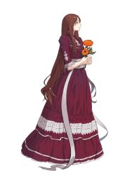 Rule 34 | 1girl, absurdres, altena (fire emblem), alternate costume, brown eyes, brown hair, closed mouth, commentary, commission, dress, english commentary, fire emblem, fire emblem: genealogy of the holy war, flower, full body, headband, highres, holding, holding flower, long hair, mexican dress, mixed-language commentary, nintendo, orange flower, profile, purple dress, seraikuni, simple background, smile, solo, spanish commentary, very long hair, white background, white headband