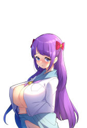 Rule 34 | 1girl, areola slip, blue eyes, blush, bow, breasts, cleavage, clothes lift, hair bow, highres, huge breasts, kaguya madoka, large breasts, long hair, looking at viewer, navel, open clothes, open shirt, precure, purple hair, rumo, skirt, skirt lift, solo, star twinkle precure, upper body