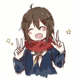Rule 34 | 1girl, ^ ^, ahoge, blue serafuku, blush, brown hair, closed eyes, commentary request, double-parted bangs, double w, enpera, facing viewer, hair between eyes, hair ornament, hairclip, happy, kagerou project, long sleeves, neckerchief, open mouth, partial commentary, red scarf, rei-suzuran, scarf, school uniform, serafuku, simple background, sketch, smile, solo, star (symbol), tateyama ayano, upper body, w, white background, white neckerchief