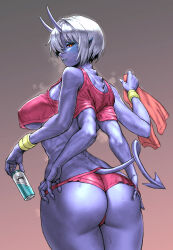 Rule 34 | absurdres, ass, blue skin, breasts, clothing cutout, colored skin, commentary, crop top, demon girl, demon tail, energy drink, extra arms, hair between eyes, highres, horns, large breasts, light smile, looking at viewer, looking back, maruyama rui, micro shorts, oni horns, original, red eyes, short hair, shorts, slit pupils, sportswear, steaming body, tail, tail through clothes, towel, underboob, undressing, white hair, wristband
