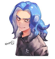 Rule 34 | 1boy, black shirt, blue hair, check copyright, collared shirt, copyright request, cropped torso, grey eyes, grin, looking at viewer, male focus, octopus boy, original, otani (gloria), shirt, simple background, smile, solo, teeth, v-shaped eyebrows, white background
