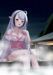 Rule 34 | 1girl, absurdres, ahoge, azur lane, bare shoulders, black hair, blunt bangs, breasts, collarbone, fang, highres, japanese clothes, kimono, light blush, long hair, looking at viewer, marimo daifuku, multicolored hair, night, night sky, official alternate costume, onsen, open mouth, outdoors, pink sash, pointy ears, red eyes, rock, sash, sevastopol (azur lane), sevastopol (more than a little drunk) (azur lane), skin fang, sky, small breasts, solo, steam, streaked hair, tree, water, white hair, white kimono
