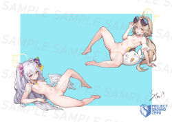 Rule 34 | 2girls, artist name, azusa (blue archive), blue archive, censored, cleft of venus, full body, grey hair, hifumi (blue archive), hifumi (swimsuit) (blue archive), highres, light brown hair, long hair, multiple girls, navel, nude, peroro (blue archive), pussy, stmast, sunglasses, twintails, white wings, wings