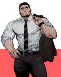 Rule 34 | 1boy, bara, beard, belt, brown pants, bulge, collared shirt, dopey (dopq), facial hair, formal, highres, holding, holding clothes, holding jacket, jacket, large pectorals, looking at viewer, male focus, mature male, muscular, muscular male, necktie, original, pants, pectorals, salaryman, shirt, short hair, sleeves rolled up, solo, thick eyebrows, thighs, tight clothes, tight shirt, white shirt