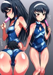 Rule 34 | 10s, 1girl, ass, black hair, blush, breasts, brown eyes, female focus, food, food in mouth, girls und panzer, groin, hair ornament, hairband, highres, looking at viewer, popsicle, popsicle in mouth, reizei mako, small breasts, solo, sweat, swimsuit, zasshu nigou