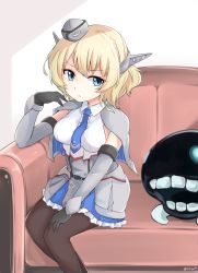Rule 34 | 1girl, abyssal ship, black gloves, black pantyhose, blonde hair, blue capelet, blue eyes, blue necktie, braid, breasts, capelet, colorado (kancolle), dress, elbow gloves, garrison cap, gloves, grey capelet, grey dress, grey gloves, grey headwear, hat, headgear, kantai collection, large breasts, multicolored capelet, necktie, okitarou (okiyo), pantyhose, pleated dress, shirt, short hair, side braids, sideboob, sitting, sleeveless, white shirt