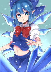 Rule 34 | 1girl, absurdres, blue bow, blue eyes, blue hair, blue skirt, bow, bowtie, cirno, cowboy shot, gradient background, hair bow, highres, ice, ice wings, looking at viewer, midriff, navel, norori, open mouth, puffy short sleeves, puffy sleeves, red bow, red bowtie, short hair, short sleeves, skirt, solo, standing, touhou, wings