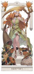 Rule 34 | 1girl, apple, arch, belt, bird, breasts, brown footwear, byuub, carrot, circlet, cleavage, cleavage cutout, clothing cutout, corn, cornucopia, dated, detached sleeves, dress, feathers, final fantasy, final fantasy xiv, flower, food, fruit, full body, gladiator sandals, grapes, green dress, green eyes, hair ornament, halter dress, halterneck, highres, holding, holding scythe, large breasts, leaf hair ornament, long hair, looking at viewer, medium breasts, melon, nophica, orange hair, pear, pumpkin, sandals, scythe, signature, sleeveless, sleeveless dress, smile, solo, standing, thigh strap, toeless footwear, vegetable, wavy hair, wristband, yellow background, yellow flower