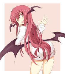 Rule 34 | 1girl, ;d, alternate costume, ass, bat wings, blush, border, breasts, chata maru (irori sabou), commentary request, contrapposto, fang, head tilt, head wings, koakuma, long hair, looking at viewer, looking back, low wings, naked sweater, one eye closed, open mouth, outside border, pink background, red eyes, red hair, ribbed sweater, simple background, smile, solo, standing, sweater, touhou, very long hair, white border, wings