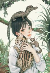 Rule 34 | 1girl, absurdres, akubieokaku, alligator, animal, animal focus, animal request, black hair, closed mouth, crocodilian, green eyes, highres, holding, holding animal, leopard, long sleeves, looking at viewer, original, outdoors, plant, potted plant, shirt, tree, white shirt