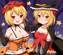 Rule 34 | 2girls, :d, aki minoriko, aki shizuha, alternate costume, arm at side, armpit peek, arms up, autumn leaves, bare tree, black cape, black gloves, blonde hair, blue background, blush, breasts, cape, cleavage, collarbone, commentary request, cowboy shot, elbow gloves, fingers together, gloves, grey shirt, guard vent jun, hair between eyes, hair ornament, halloween, halterneck, halterneck, hat, highres, large breasts, leaf, leaf hair ornament, looking at viewer, lowleg, lowleg skirt, maple leaf, medium breasts, midriff, mob cap, multiple girls, navel, open mouth, orange shirt, red eyes, red shirt, shirt, short hair, siblings, sisters, skirt, smile, star (sky), star (symbol), touhou, tree, witch hat, yellow eyes