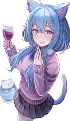 Rule 34 | 1girl, ahoge, alcohol, animal ear fluff, animal ears, black skirt, blue bow, blue bowtie, blue hair, blush, bow, bowtie, breasts, cat ears, cat girl, cat tail, cowboy shot, cup, drinking glass, earrings, enumiyaa, from above, hair between eyes, hair ornament, hair over shoulder, hairpin, highres, holding, holding cup, hololive, jewelry, kemonomimi mode, long hair, looking at viewer, low twintails, medium breasts, parted lips, pleated skirt, purple sweater, simple background, single earring, skirt, solo, standing, sweat, sweater, tail, thighhighs, twintails, virtual youtuber, white background, white thighhighs, wine, wine glass, yellow eyes, yukihana lamy