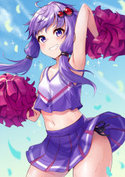 Rule 34 | 1girl, absurdres, blush, cheering, cheerleader, collarbone, cowboy shot, day, grin, hair ornament, highres, holding, holding pom poms, navel, pleated skirt, pom pom (cheerleading), pom poms, purple eyes, purple hair, purple skirt, short hair with long locks, skirt, smile, solo, sparkle, tenneko yuuri, vocaloid, voiceroid, yuzuki yukari