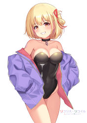 Rule 34 | 1girl, :d, absurdres, bare shoulders, black choker, blonde hair, blush, breasts, choker, cleavage, collarbone, copyright name, covered navel, cowboy shot, grin, groin, hair ribbon, hair rings, hands in pockets, highres, jacket, kensei (ciid), leotard, leotard under clothes, long sleeves, looking at viewer, lycoris recoil, medium breasts, nishikigi chisato, off shoulder, open clothes, open jacket, open mouth, orange eyes, parted lips, purple jacket, red ribbon, ribbon, short hair, simple background, smile, solo, teeth, white background
