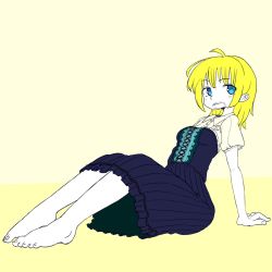 Rule 34 | 1girl, arm support, barefoot, blonde hair, blue eyes, breasts, collared dress, dress, full body, gobori, leaning back, medium hair, open mouth, original, pale skin, puffy short sleeves, puffy sleeves, short sleeves, sitting, solo, two-tone background, yellow background