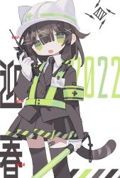 Rule 34 | 1girl, 2022, animal hat, animal helmet, armband, bandaid, bandaid on leg, bandaid on thigh, black jacket, black necktie, black skirt, black thighhighs, brown hair, cat girl, cat hat, cat helmet, cat tail, collared shirt, cross, daizu (melon-lemon), extra ears, fang, feet out of frame, film grain, gloves, greek cross, green eyes, hair between eyes, hair ornament, hairclip, hand up, happy new year, hard hat, hat, head tilt, helmet, high-visibility vest, highres, holding, holding walkie-talkie, jacket, long sleeves, looking at viewer, medium hair, necktie, new year, no nose, open mouth, original, pleated skirt, shirt, skirt, solo, standing, tail, text background, thighhighs, traffic baton, walkie-talkie, white background, white gloves, white hat, white shirt, x hair ornament, zettai ryouiki