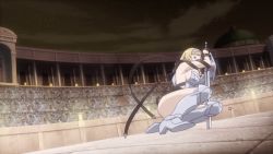 Rule 34 | 1girl, animated, animated gif, armor, ass, bare legs, black panties, blonde hair, boots, colosseum, curvy, female focus, holding, holding weapon, huge ass, jumping, leina (queen&#039;s blade), panties, partially visible vulva, queen&#039;s blade, running, screencap, shiny skin, solo, sword, thong, underwear, weapon