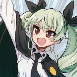 Rule 34 | 10s, 1girl, :d, anchovy (girls und panzer), anzio school uniform, arm up, black cape, black necktie, cape, commentary request, dress shirt, drill hair, emblem, emphasis lines, girls und panzer, green hair, inumoto, long hair, necktie, open mouth, red eyes, school uniform, shirt, smile, solo, twin drills, twintails, upper body, v-shaped eyebrows, white shirt