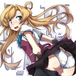 Rule 34 | 1girl, 547th sy, abukuma (kancolle), ass, bike shorts, blonde hair, blouse, blue eyes, butt crack, commentary request, cosplay, cowboy shot, double bun, from behind, gloves, hair bun, hair rings, highres, kantai collection, leaning forward, long hair, looking at viewer, panties, pleated skirt, purple skirt, school uniform, shirt, short sleeves, shorts, unworn shorts, shorts under skirt, skirt, solo, text background, underwear, vest, white background, white panties, white shirt, yuugumo (kancolle), yuugumo (kancolle) (cosplay)