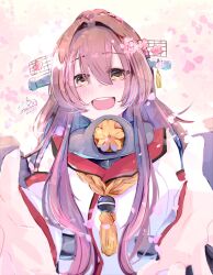 Rule 34 | 1girl, :d, artist name, blush, brown eyes, brown hair, cherry blossoms, coat, commentary request, dated, detached sleeves, floral background, flower, hair flower, hair intakes, hair ornament, headgear, highres, kantai collection, long hair, looking at viewer, open mouth, reaching, reaching towards viewer, sakuramon, smile, solo, teeth, tobari (seaetana), upper body, upper teeth only, white coat, yamato (kancolle)