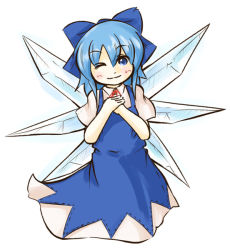 Rule 34 | 1girl, bad id, bad pixiv id, blue eyes, blue hair, cirno, dress, embodiment of scarlet devil, female focus, full body, ice, matching hair/eyes, one eye closed, own hands clasped, own hands together, rairarai, simple background, solo, touhou, white background, wink