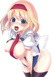 Rule 34 | 1girl, alice margatroid, amisu, black thighhighs, blonde hair, blue eyes, blush, breasts, breasts out, covering privates, covering crotch, hairband, large breasts, lifted by self, necktie, nipples, no pants, open clothes, open mouth, open shirt, panties, panty lift, panty pull, puffy sleeves, round teeth, saliva, shirt, short hair, simple background, solo, teeth, thighhighs, touhou, underwear, vest, wedgie, white background