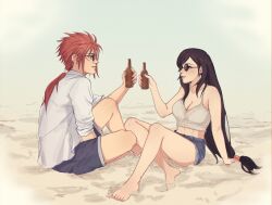 Rule 34 | 1boy, 1girl, bare arms, barefoot, beach, black hair, black shorts, blue shorts, bottle, breasts, cleavage, crop top, dangle earrings, denim, denim shorts, earrings, facial mark, final fantasy, final fantasy vii, final fantasy vii remake, full body, hair between eyes, hair tie, highres, holding, holding bottle, jewelry, large breasts, long hair, looking at another, low-tied long hair, low ponytail, midriff, parted lips, pudelmudel, red hair, reno (ff7), sand, shirt, short hair with long locks, short shorts, shorts, sitting, sleeves rolled up, smile, spiked hair, sunglasses, swept bangs, tifa lockhart, toned, white shirt