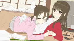 Rule 34 | 2girls, black hair, blush, book, bottle, brown eyes, cat, collarbone, controller, closed eyes, holding hands, kotatsu, long hair, looking at viewer, lying, multiple girls, open book, original, remote control, shimano natsume, sketch, smile, table, television, twintails