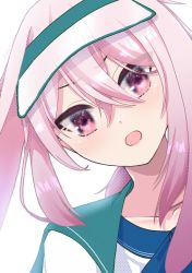 Rule 34 | 1boy, animal ears, ansel (arknights), ansel (casual vacation) (arknights), arknights, dress, highres, long hair, looking at viewer, male focus, open mouth, pink eyes, pink hair, rabbit boy, rabbit ears, sailor dress, simple background, solo, trap, visor cap, white background, yokuto