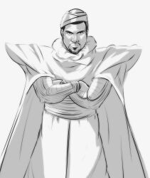 Rule 34 | 1boy, abenfreude, absurdres, capelet, cosplay, crossed arms, dark-skinned male, dark skin, dragon ball, dragonball z, facial hair, goatee, greyscale, highres, kanye west, male focus, monochrome, piccolo, piccolo (cosplay), real life, robe, short hair, sketch, solo, standing, turban, very short hair