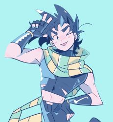 Rule 34 | 1boy, :p, battle tendency, black hair, blue nails, fingerless gloves, gloves, gogeyama, green scarf, hand on own hip, jojo no kimyou na bouken, joseph joestar, joseph joestar (young), male focus, midriff, nail polish, narrow waist, one eye closed, salute, scarf, solo, spiked hair, striped clothes, striped scarf, tongue, tongue out, two-finger salute, yellow scarf