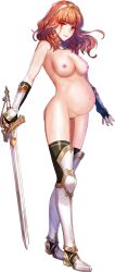 Rule 34 | 1girl, armor, armored boots, bare shoulders, big belly, black thighhighs, boots, botekora, breasts, celica (fire emblem), cleft of venus, detached collar, earrings, female knight, fingerless gloves, fire emblem, full body, gloves, hairband, highres, holding, holding sword, holding weapon, jewelry, knight, lips, long hair, looking at viewer, naked armor, navel, nintendo, nipples, nude, pregnant, pussy, red eyes, red hair, smile, solo, standing, sword, thighhighs, transparent background, vambraces, warrior, wavy hair, weapon