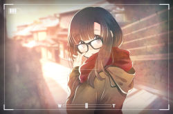 Rule 34 | 1girl, ad, architecture, back, black-framed eyewear, black eyes, black hair, blurry, blush, brown coat, brown hair, building, coat, commentary request, day, depth of field, east asian architecture, enpera, eyelashes, from above, from behind, furai, glasses, highres, hood, hood down, interlocked fingers, lantern, long hair, long sleeves, looking at viewer, looking back, original, outdoors, own hands together, red scarf, retaining wall, scarf, scarf over mouth, sky, solo, stairs, surprised, taking picture, upper body, viewfinder, wall