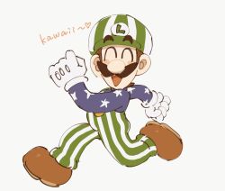 Rule 34 | 1boy, brown hair, english text, facial hair, full body, gloves, hat, highres, luigi, male focus, mario (series), mario golf, mario open golf, mimimi (mimimim9999), mustache, nintendo, open mouth, overalls, shirt, short hair, solo, star (symbol), star print, striped clothes, striped headwear, striped overalls, vertical-striped overalls