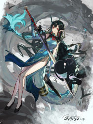 Rule 34 | 1girl, aito, arknights, bare legs, bird, bitey (arknights), black footwear, black hair, blue dress, blue skin, breasts, china dress, chinese clothes, closed mouth, colored skin, creature, dragon, dragon girl, dragon horns, dragon tail, dress, dusk (arknights), dusk (everything is a miracle) (arknights), gradient skin, highres, holding, holding sword, holding weapon, horns, long hair, looking at viewer, medium breasts, official alternate costume, pelvic curtain, pointy ears, red eyes, sheath, signature, sleeveless, sleeveless dress, smile, solo, sword, tail, tassel, unsheathed, very long hair, weapon