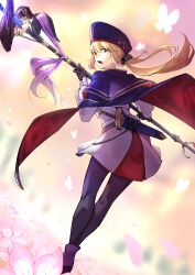 1girl absurdres artoria_caster_(fate) artoria_caster_(second_ascension)_(fate) artoria_pendragon_(fate) black_bow black_gloves black_pantyhose blonde_hair blue_cape blue_hat bow cape commentary dress english_commentary fate/grand_order fate_(series) floating_hair gloves green_eyes hair_bow hat highres holding holding_staff long_sleeves looking_at_viewer looking_back nbeans1202 open_mouth pantyhose red_cape solo staff twintails two-tone_cape white_dress