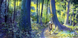Rule 34 | 1boy, amber t, backpack, bag, brown footwear, brown pants, chinese commentary, coat, commentary request, day, fern, forest, from behind, grey coat, hand in pocket, hand up, leaf, long sleeves, looking away, male focus, mushi (mushishi), mushishi, nature, outdoors, painting (medium), pants, path, plant, road, scenery, shoes, short hair, solo, standing, traditional media, tree, watercolor (medium), white hair, wide shot