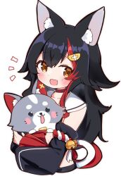 Rule 34 | 1girl, :d, animal, animal ear fluff, animal ears, bell, black hair, black sleeves, choker, detached sleeves, flipped hair, hair ornament, hairclip, hands up, highres, holding, holding animal, hololive, jingle bell, kouhaku nawa, long hair, long sleeves, looking at viewer, miofa (ookami mio), multicolored hair, notice lines, ookami mio, ookami mio (1st costume), open mouth, rabiiandrain, red choker, red hair, rope, sailor collar, shimenawa, sidelocks, simple background, smile, solo, spiked hair, virtual youtuber, white background, white sailor collar, wide sleeves, wolf, wolf ears, wolf girl, yellow eyes