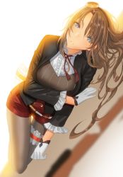 Rule 34 | 1girl, backlighting, bad id, bad pixiv id, black pantyhose, blue eyes, breasts, bridal garter, brown hair, dutch angle, frills, girls&#039; frontline, gloves, hair between eyes, hairband, jacket, large breasts, lee-enfield (girls&#039; frontline), lloule, long hair, looking at viewer, lying, on side, open clothes, open jacket, pantyhose, parted bangs, parted lips, red shorts, short shorts, shorts, solo, white gloves