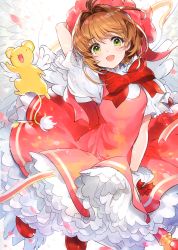 Rule 34 | 1girl, :d, absurdres, arm up, blurry, blurry background, blush, bow, brown hair, cardcaptor sakura, creature, depth of field, dress, feathered wings, gloves, green eyes, hair between eyes, hat, head tilt, highres, kero (cardcaptor sakura), kinomoto sakura, looking at viewer, mika pikazo, open mouth, petals, pink dress, puffy short sleeves, puffy sleeves, red bow, red footwear, red headwear, shirt, shoes, short sleeves, sleeveless, sleeveless dress, smile, white background, white gloves, white shirt, white wings, wings