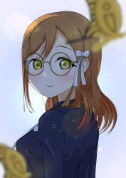 Rule 34 | 1girl, absurdres, artist name, artist request, blue bow, blue dress, blush, bow, breasts, brown eyes, brown hair, bug, butterfly, buttons, dress, female focus, frilled sleeves, frills, from behind, glasses, hair between eyes, hair bow, highres, insect, kunikida hanamaru, light brown hair, long hair, long sleeves, looking at viewer, looking back, love live!, love live! school idol festival, love live! sunshine!!, mitaiken horizon, mitaiken horizon (love live!), outdoors, parted lips, plaid, plaid dress, pleated, pleated dress, ribbon, smile, solo, sparkle, striped bow, striped ribbon, upper body, white bow, white ribbon, yellow butterfly, yellow eyes