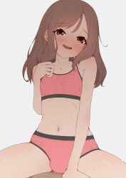 Rule 34 | 1boy, absurdres, akaihoppe, blush, brown eyes, brown hair, collarbone, commentary request, crossdressing, grey background, highres, looking at viewer, medium hair, midriff, navel, open mouth, original, panties, pink panties, pink sports bra, simple background, solo, sports bra, sweat, trap, underwear