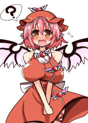 Rule 34 | 1girl, ?, adapted costume, alternate breast size, animal ears, bare arms, bare shoulders, bird wings, blush, breasts squeezed together, breasts, brown dress, brown eyes, dress, fang, flying sweatdrops, hat, highres, large breasts, mystia lorelei, open mouth, pink hair, rindou (p41neko), sash, sleeveless, sleeveless dress, smile, solo, spoken question mark, touhou, v arms, wings